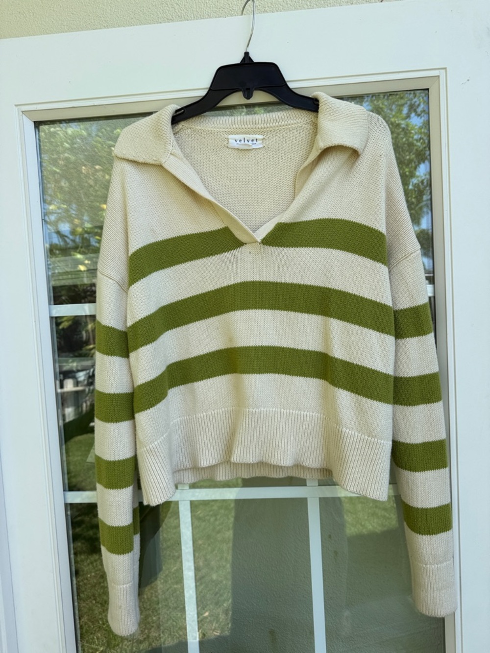 Velvet Cream and Olive Stripe V-Neck Sweater